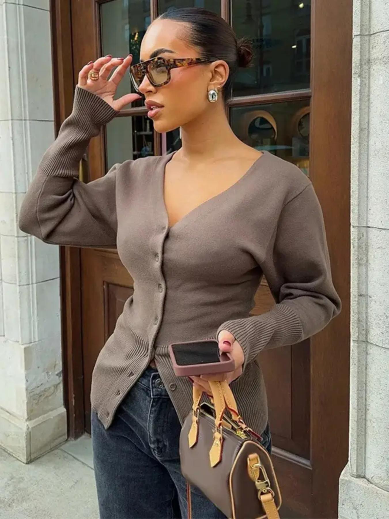 Women's Solid V-Neck Cardigan Long Sleeve Button Front Ribbed Knitwear Elegant Slim Fit Sweater Top Fall Winter Daily Wear Fashion Knit Clothing Ladies Casual Outfits Knitting