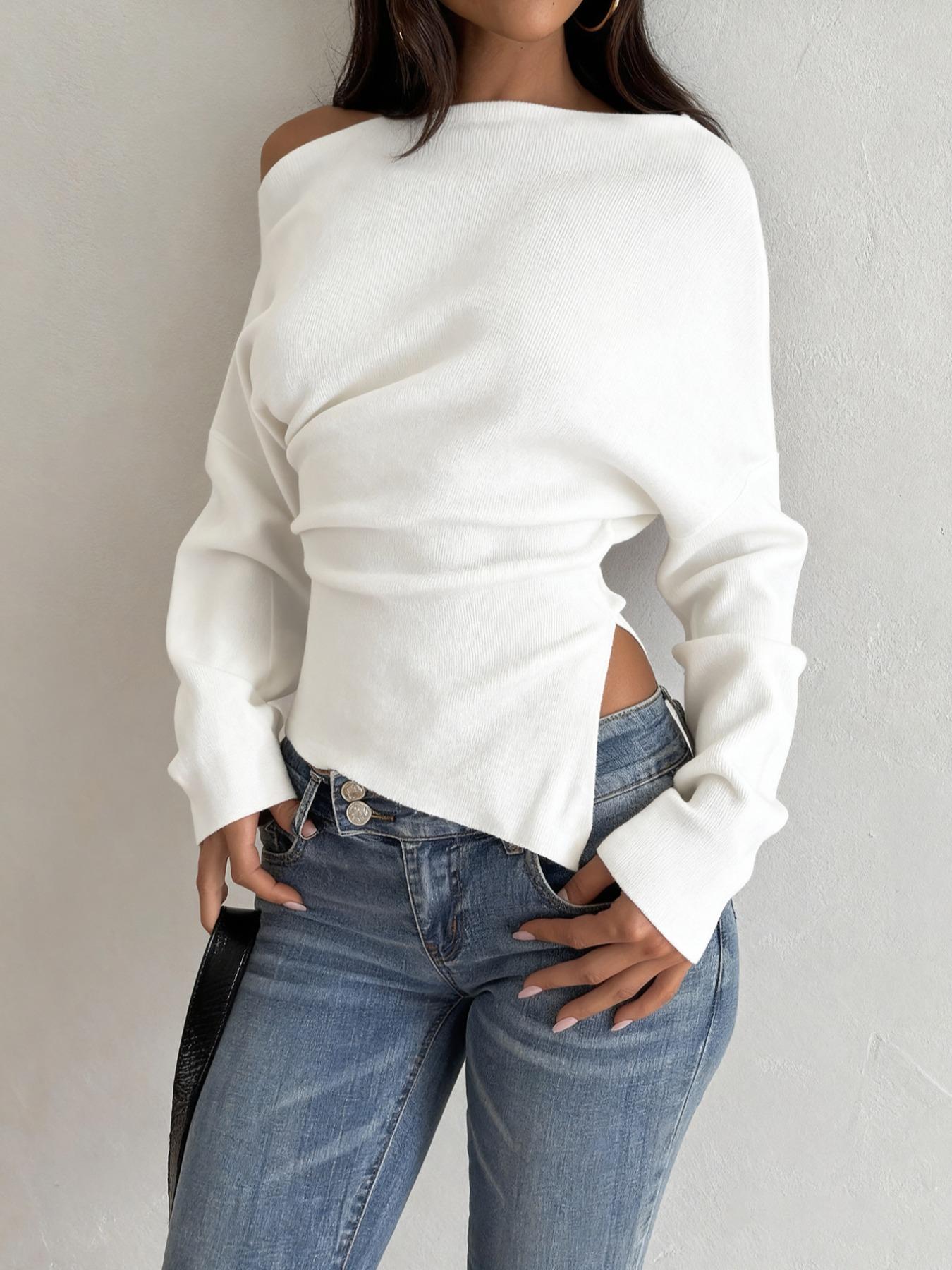 Women's Casual Fashion Asymmetrical Neckline Long-Sleeve Sweater, Slim-Fit Thin Knit Top for Fall, Plain Design Knitwear