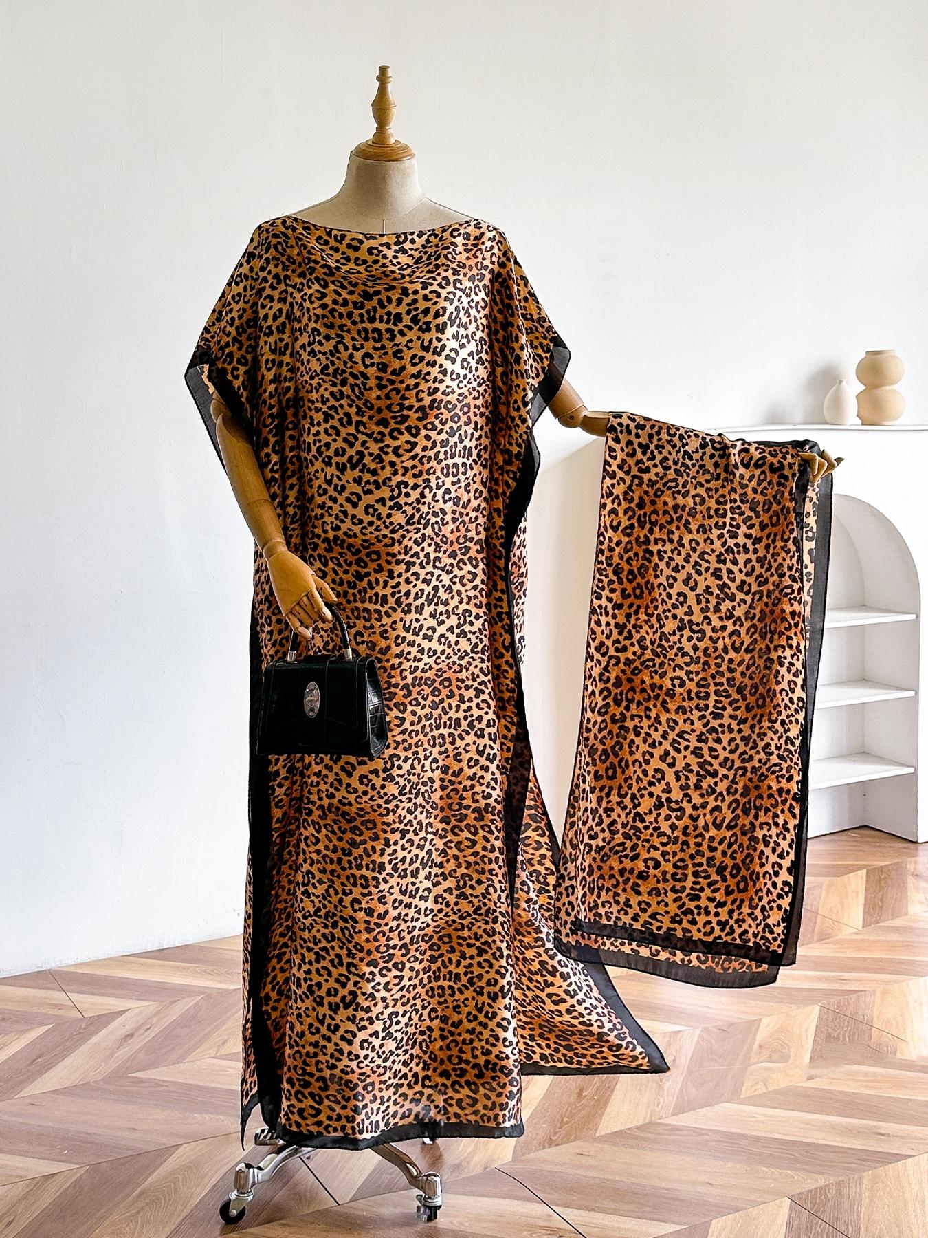 Women's Leopard Print Long Sleeve Kimono & Scarf Set, Casual Open Front Outerwear & Shawl, Ladies Clothes for Beach Vacation, Beach Swimsuit Cover, Womenswear, Leopard Pattern