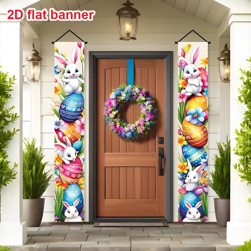 1 pair of Easter Happy Porch Banner set, 11.8x70.8 inches, featuring Happy rabbit and Easter egg designs, Easter and spring door decorations, suitable for both indoor and outdoor use, perfect for front porch, terrace, and garage
