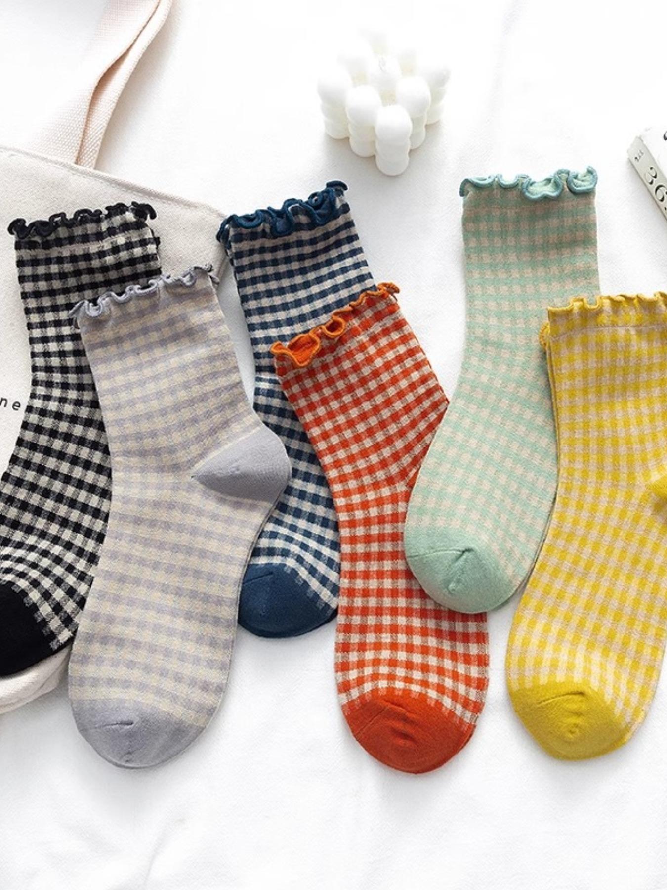 Women's Gingham Pattern Fitted Socks, Casual Crew Socks, Plaid, Casual Everyday Wear, All-Season Comfortable Design, Perfect for Women & Girls, Womenswear