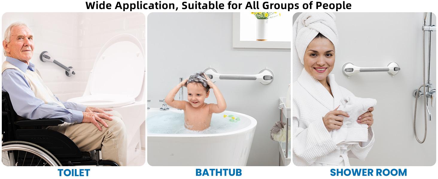 TAILI Shower Grab Bar 16 Inch Suction Cup Grab Bars for Bathroom & Shower, Removable Shower Safety Handle Heavy Duty Bathtub Grip for Seniors & Elderly, Strong Handrails No Drilling Waterproof, Grey