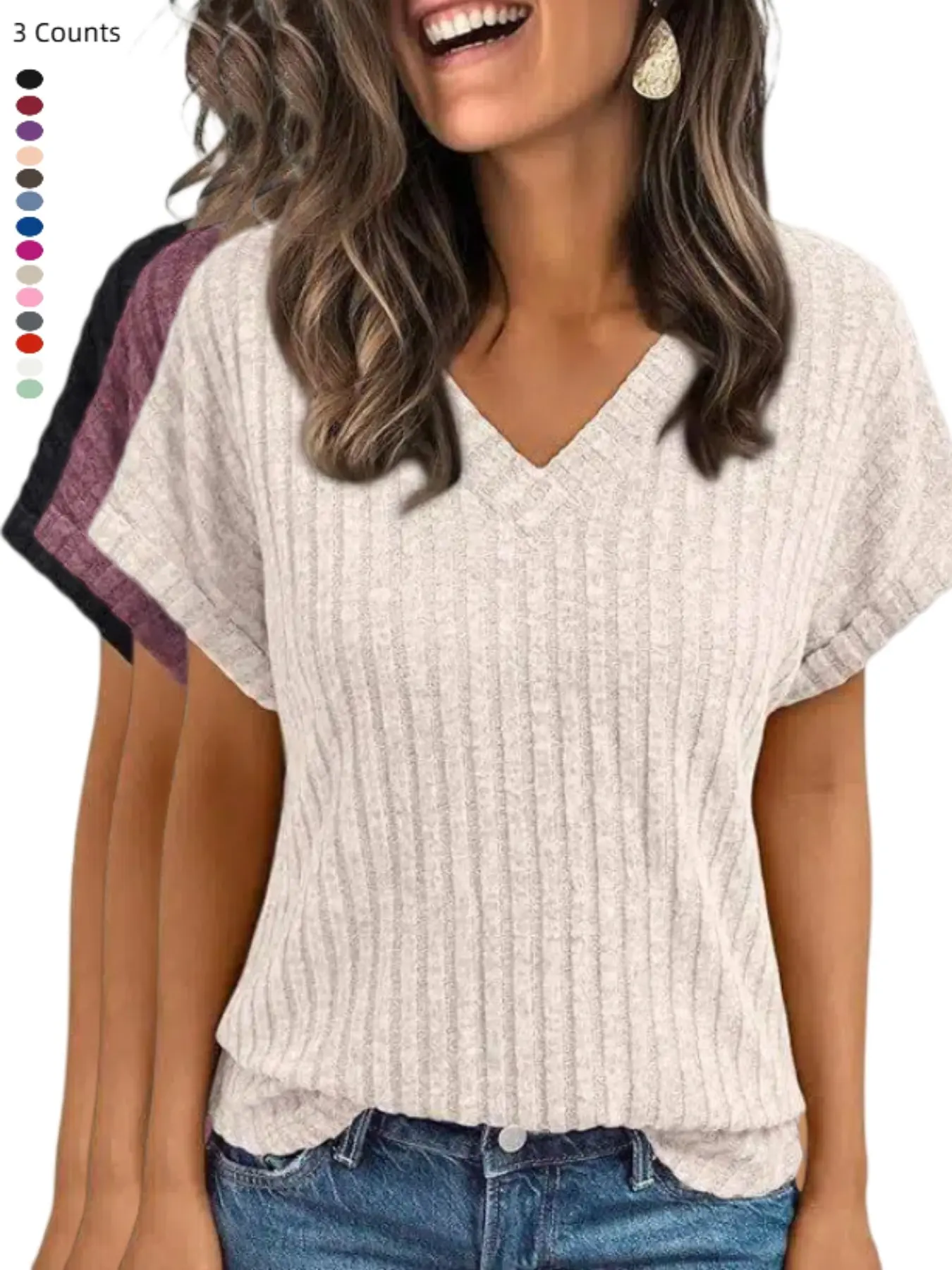 Women's Summer Short Sleeve V-Neck T-Shirt, Casual Pullover Top, European and American Style, Cross-Border Fashion Apparel