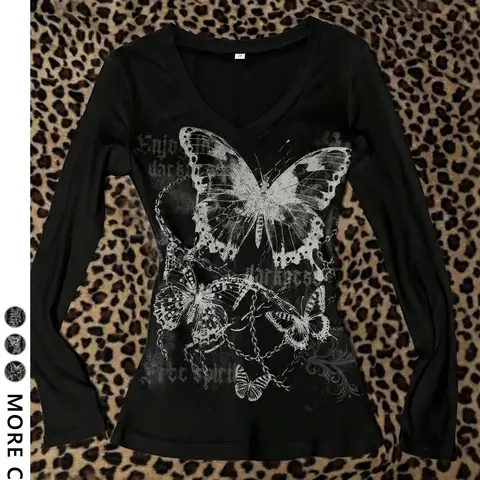 Women's V-Neck Long Sleeve Top, Casual Slim-Fit Top with Y2K Street-Style Butterfly Print for Spring and Fall, Casual T Shirts