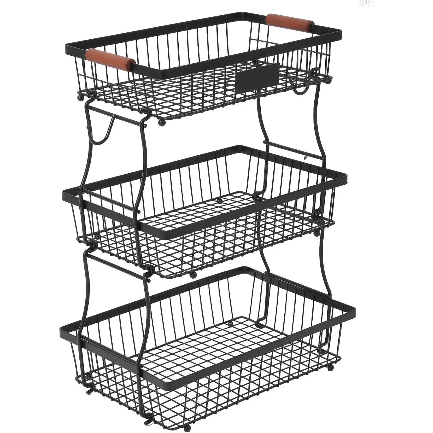 Industrial Lightweight Metal Steel 3-Tier Stackable Wire Basket with 2 Banana Hooks - Black Wood Accent Home Organizer for Kitchen Countertops, Cabinets - Stores Snacks, Produce, Plants