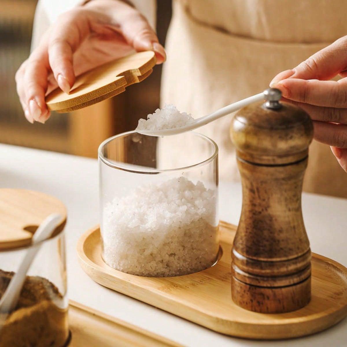 Glass Spice Containers Set with Wooden Base, Includes Spoon, Ideal for Storing Spices Salt Sugar, Kitchen Storage Organizer