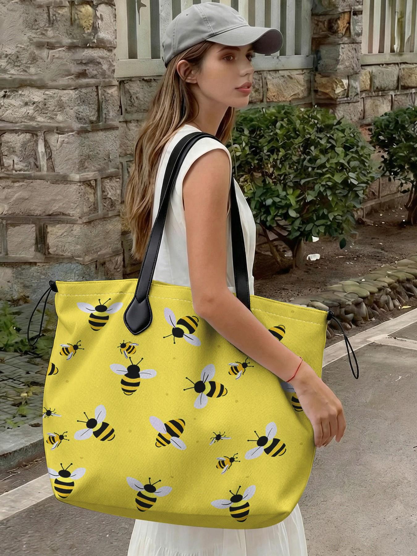Bee Pattern 2D Printed Drawstring Tote Bag, Large Capacity Shopping Bag, Durable All Season Use, Ideal for Work, Shopping, Picnic, Fashionable Shopping Bag