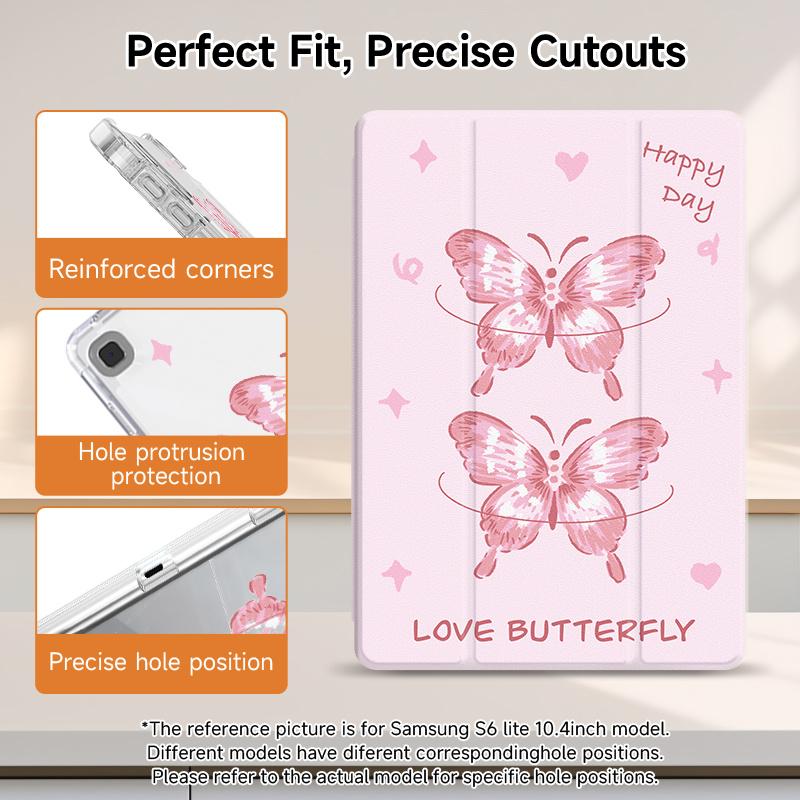 Pink Base Butterfly Tri-Fold iPad Case, double-sided print, built-in pencil slot, adjustable kickstand, auto sleep/wake function, Compatible with iPad 10th/11th Gen, iPad A16, iPad Air 11"/13", iPad Pro 11", iPad 2025 and Galaxy Tab S9 FE+ 12.4''series