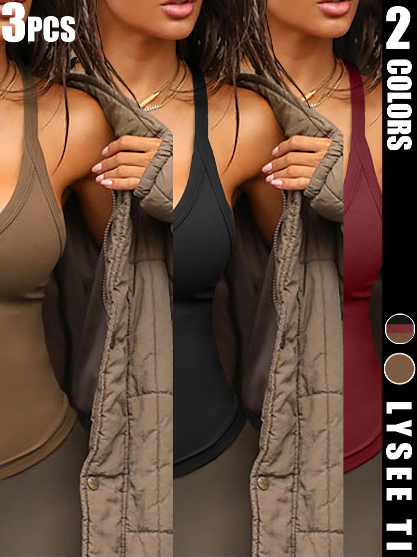 Women's Casual Fashion Sports Low Back V Neck Sexy Plain Color Fall Winter Inner Layer Sleeveless Tank Top, Sexy Style, All Seasons