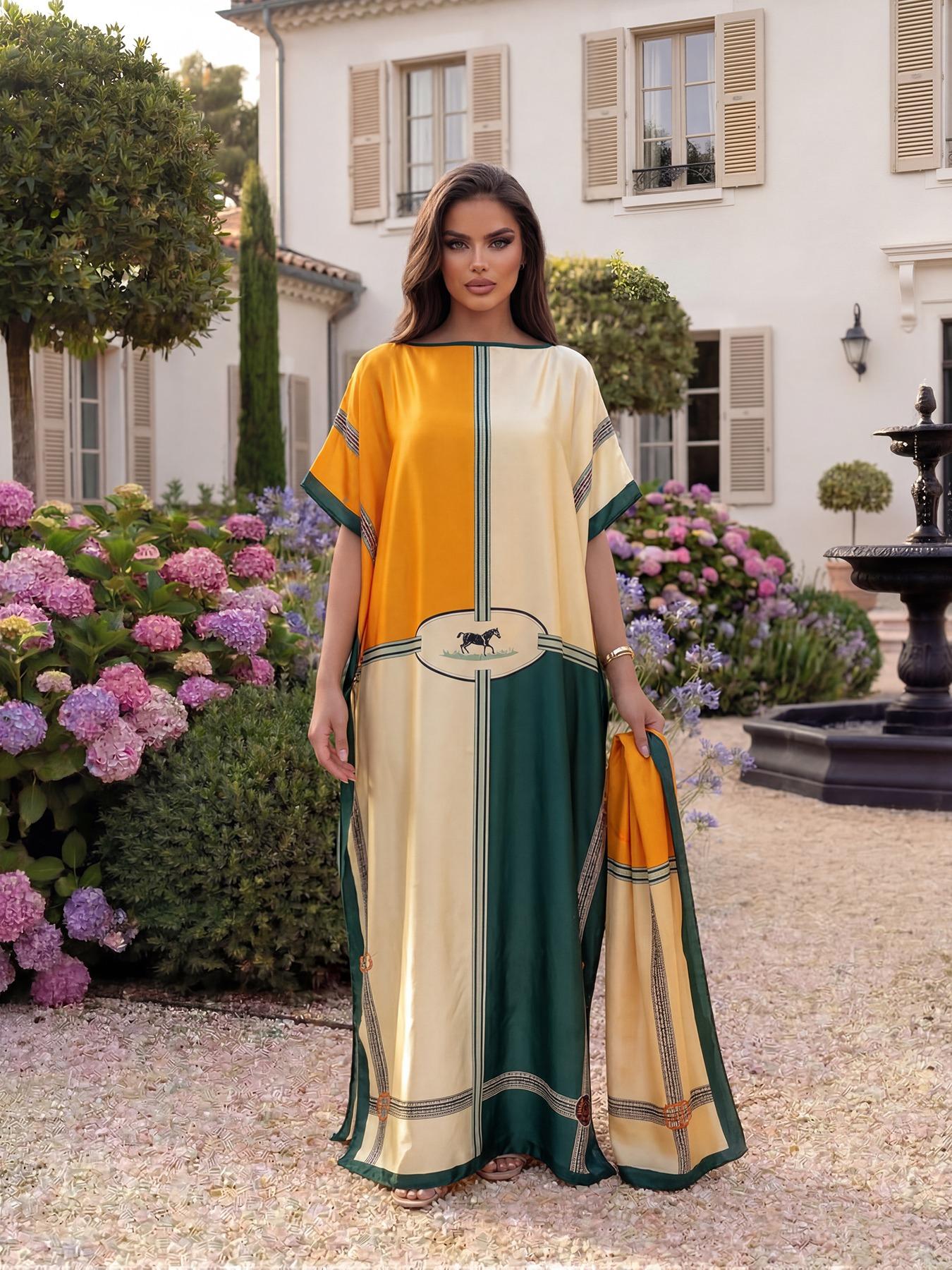 Women's Luxury Equestrian Style Silk Robe Set, Long Cape Dress + Scarf Headband, Beach Outdoor Sun Protection, All Seasons Chic Fashion