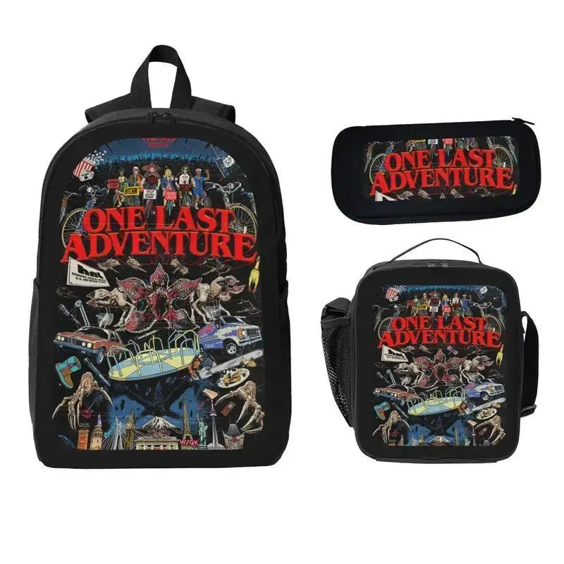 Stranger Things Retro Sci-Fi Ultimate Adventure Themed Backpack 3-Piece Set - Black, Synthetic Polyester, Backpacks for School, Daily Wear, Bold Prints, Multiple Pockets, Pencil Case + Lunch Bag, Zip Closure, One Size