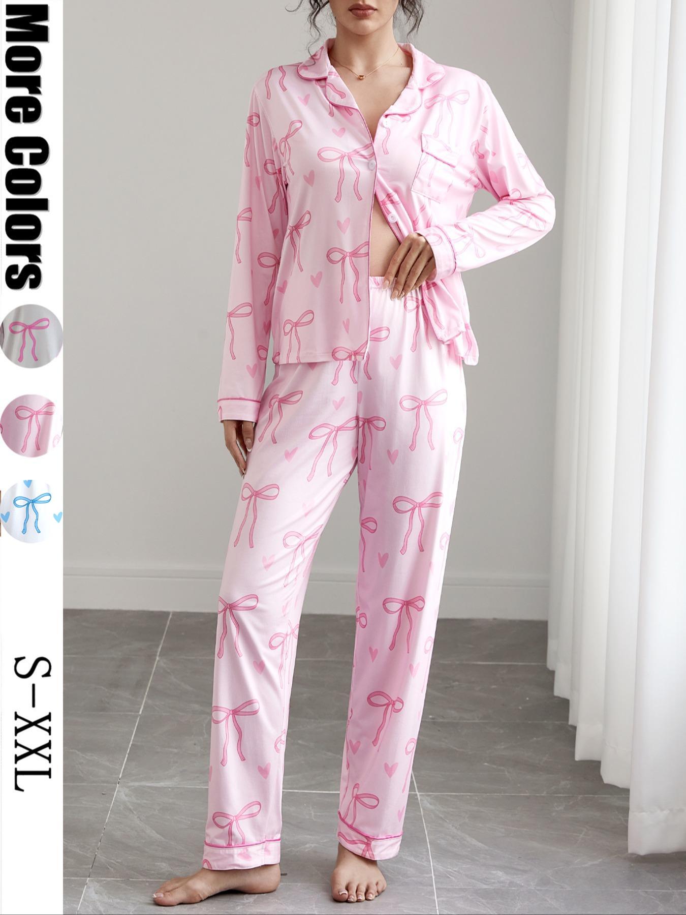 Women's Cute Bow Print Pajama Set,Valentine's Day Gift ，Fall & Winter Casual Homewear, Soft Elastic Fabric, Long Sleeve Shirt Collar Top & Pants