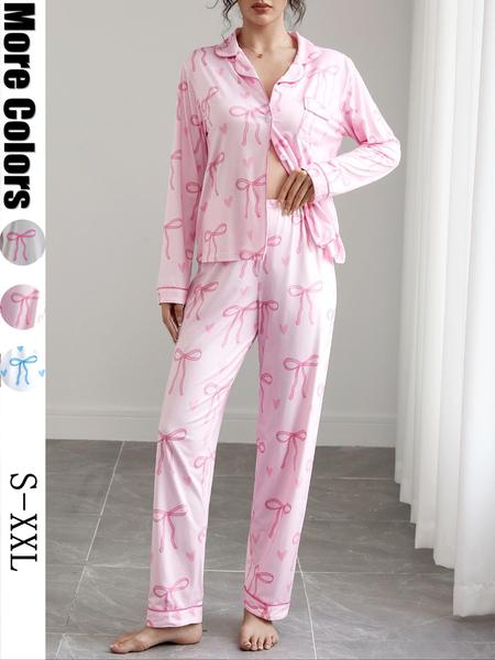 Women's Cute Bow Print Pajama Set,Valentine's Day Gift ，Fall & Winter Casual Homewear, Soft Elastic Fabric, Long Sleeve Shirt Collar Top & Pants