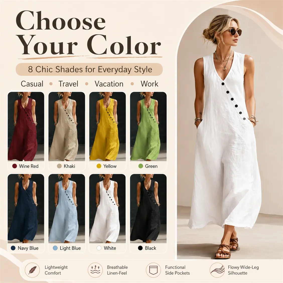 Women’s V Neck Sleeveless Wide Leg Jumpsuit, Button Front Loose Fit One Piece Romper with Pockets, Lightweight Casual Summer Vacation Outfit
