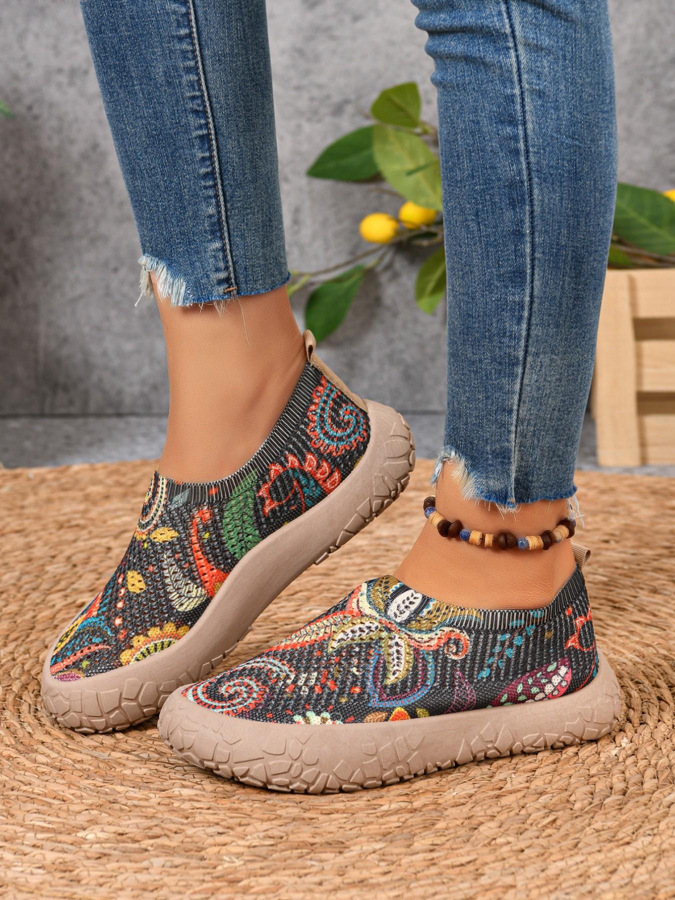 Women's Ethnic Print Slip-On Casual Shoes, Cut Out Mesh Breathable Summer Footwear, Round Toe Thick Sole, Boho Style Comfortable Daily Wear, Summer Boho Shoes