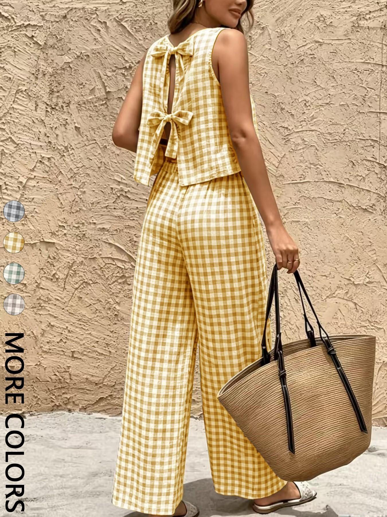 Women's 2-Piece Vintage Plaid Set, Casual Tank Top and Wide-Leg Pants, Summer Comfortable Matching Outfit