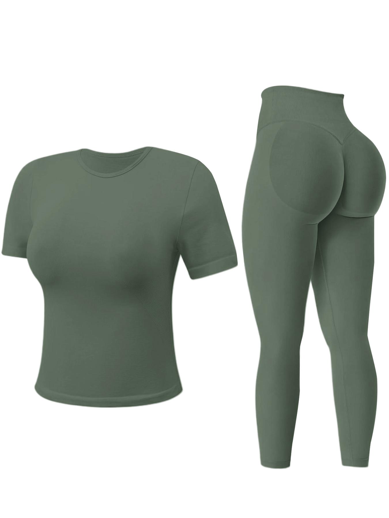 Seamless Workout Sets for Women 2 Piece, Women's Sporty Slim Fit Knitted Set, Round Neck Seamless T-Shirt Tank Top + Mid Waist Butt-Lifting Pants, Outdoor Running Yoga GYM Tracksuit Sets for Women, Sportswear For Gym