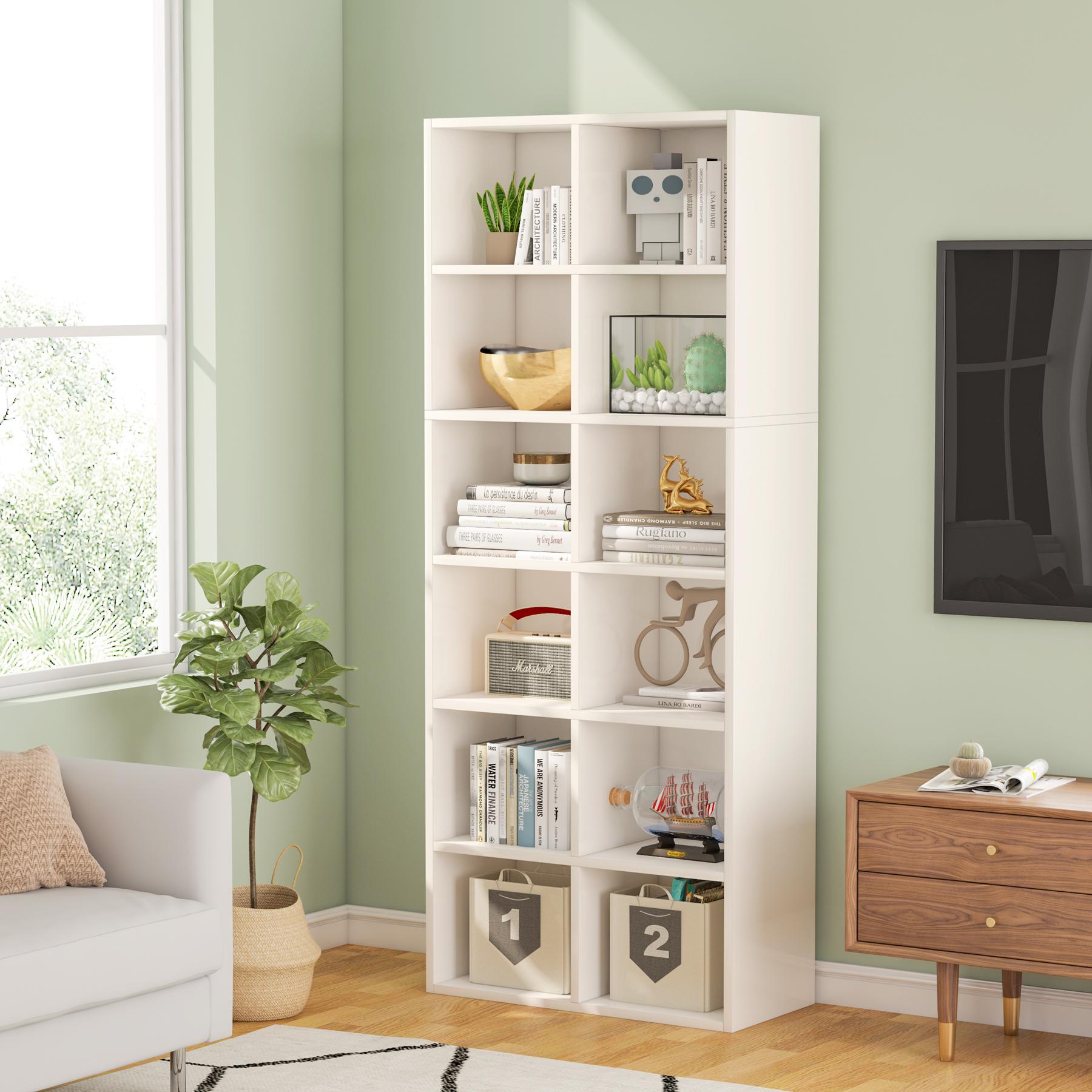 LITTLE TREE 71.65 Inch Tall Narrow Bookcase Bookshelf, White Modern Bookcase with 12 Cube Storage for Home Office, Vertical or Horizontal