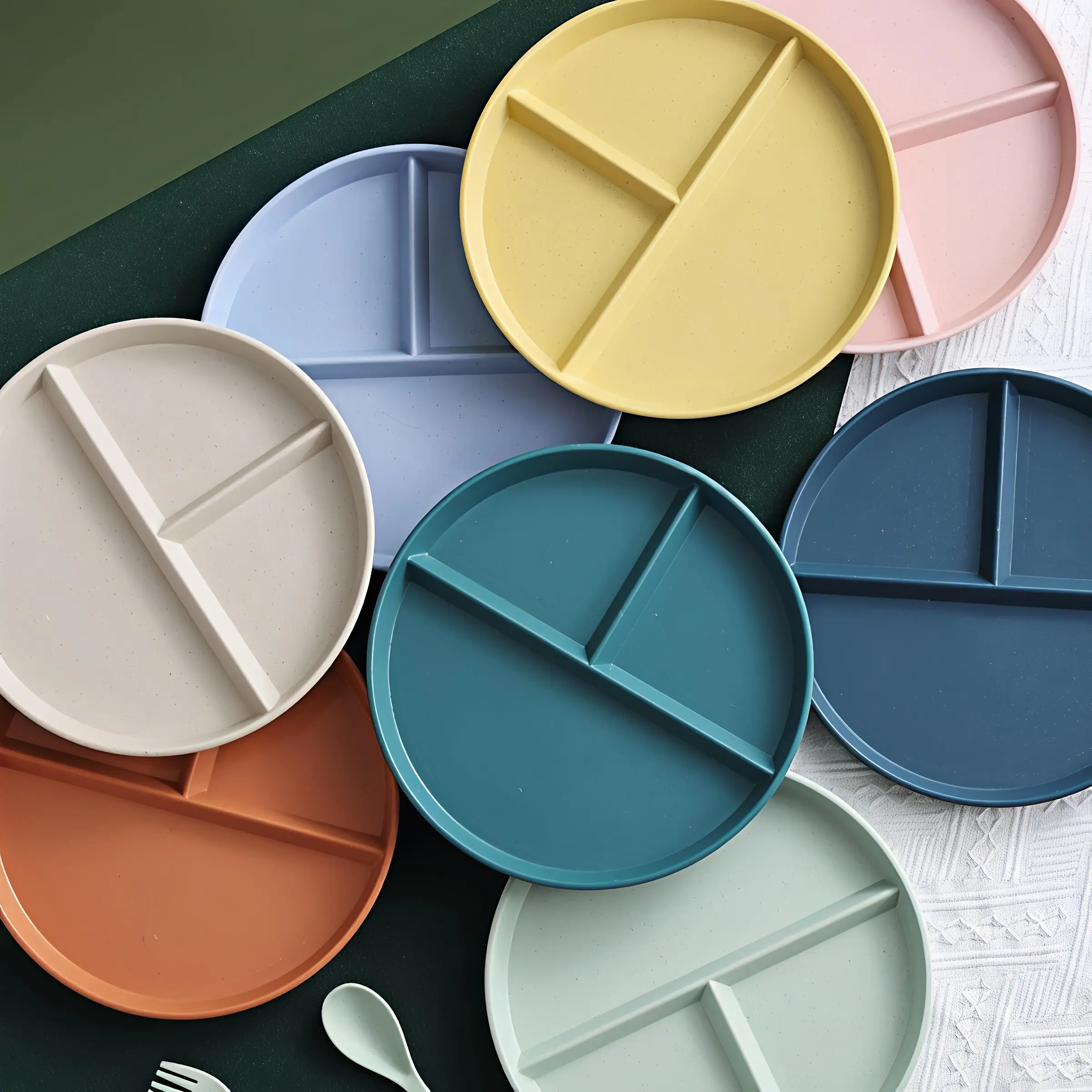 8pcs Wheat Straw Divided Plates, Fat Loss Meal Plate, Quantitative Plate, Portion Control, Creative Three-Section Dishware, Round Fitness Plate, Kids Breakfast Set