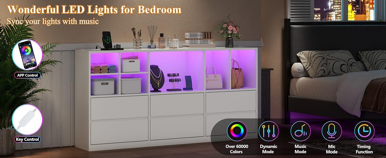 Dresser for Bedroom with 6 Drawers, Chest of Drawers with Led Lights&Charging Station, Storage Drawers with 7 Open Cubbies cicada  drawer nursery  dresser living room drawer