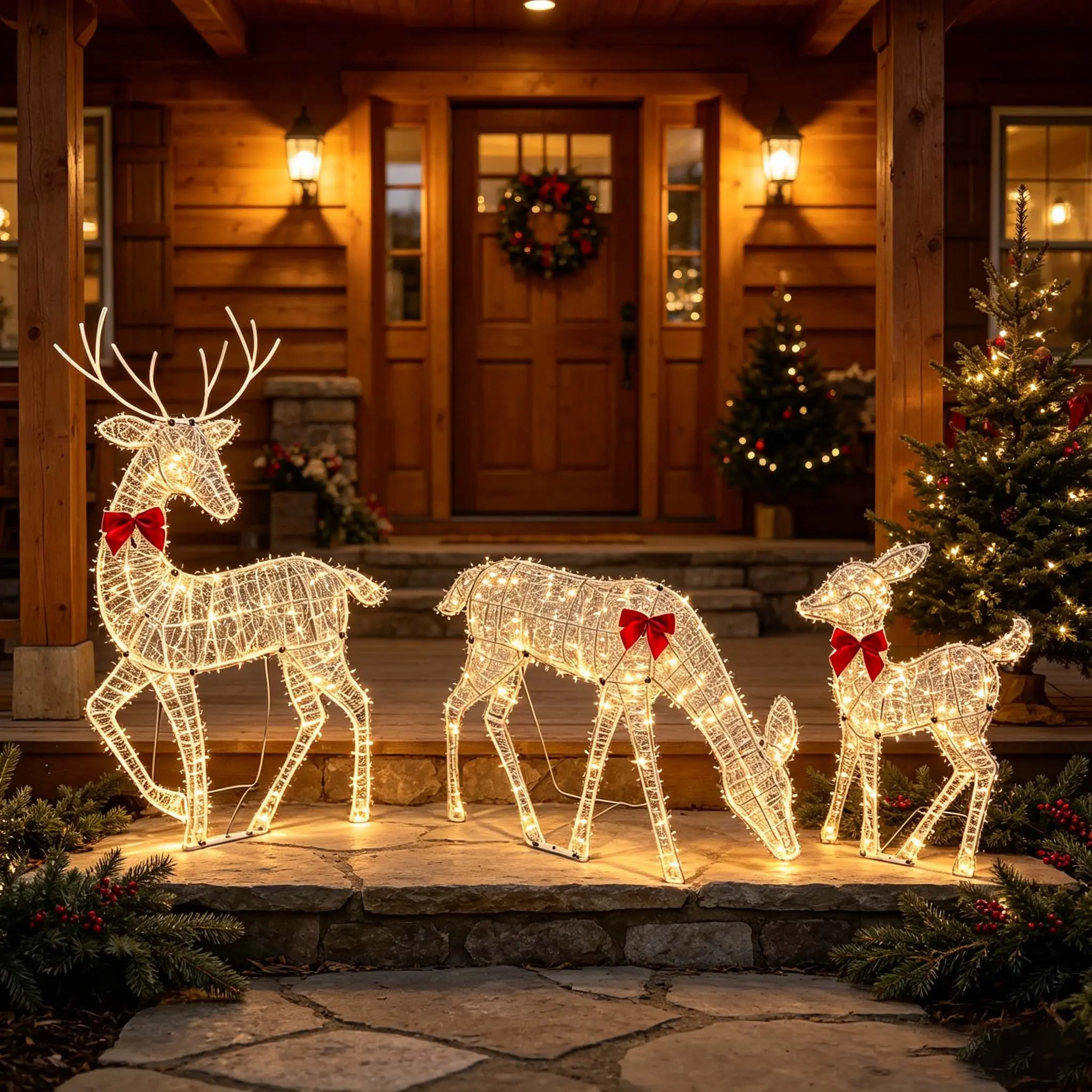 Glowing Iron Christmas Reindeer Set, Hollow Out Design with Warm Lights and Bow, Indoor Outdoor Holiday Decor, Easy Installation, Reusable
