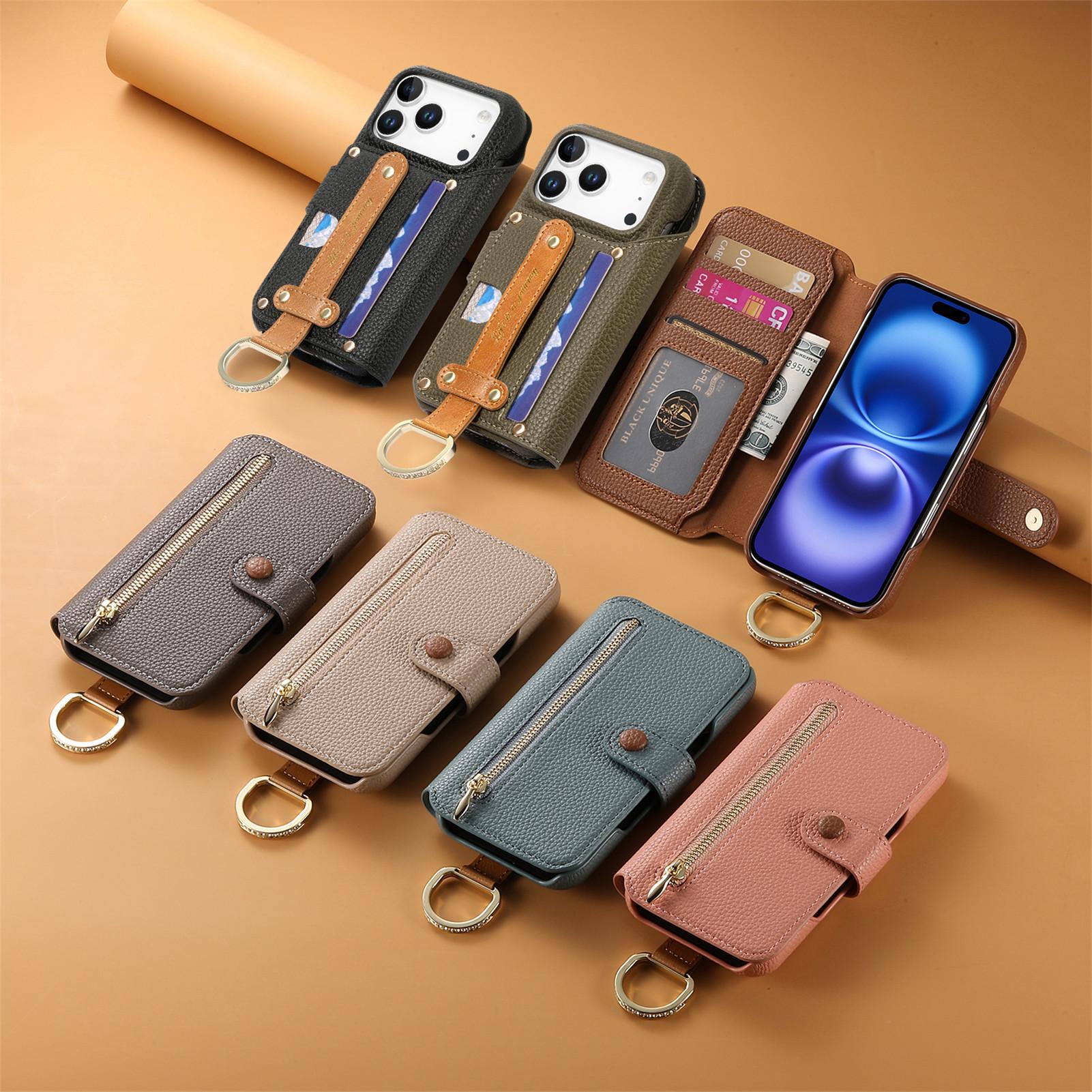 Leather Wallet Phone Case with Ring Strap Holder Stand, Multi Card Slots, Zipper Phone Pouch and Magnetic Closure, Fits iPhone 17/16/15 Series
