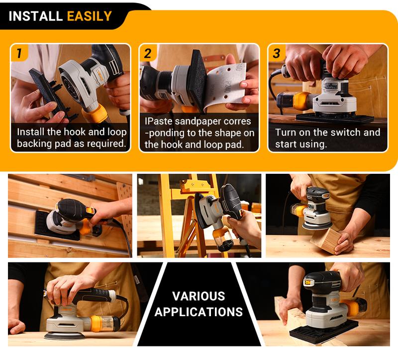 DEKO 300W 3-in-1 Orbital Sander, 6 Adjustable Speeds (7000-13000 RPM), with Dust Collection Box, 3 Hook and Loop Pads, and 15 Sandpapers, Quick Sandpaper Replacement, Electric Sanding Tool for Woodworking, Home Improvement, and DIY Projects.