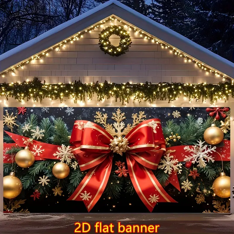 Christmas Red Bow Snowflake Printed Garage Door Banner - Polyester Pine Ornament Cover with Ropes, Outdoor Yard Decor Gift for Company Events & Family Gatherings, Photo Backdrop for Festive Occasions, Print