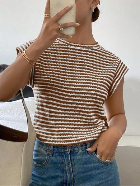 Women's Striped Print Crew Neck Tee, Casual Slim-fitting Cap  Sleeve T-shirt, Ladies Summer Clothes for Daily Wear, Top