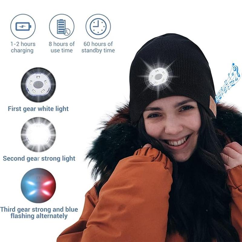 LED Hat Bluetooth Lighted Beanie,Unisex USB Rechargeable 6 LED Headlamp,Musical Knit Hat with Headphones and Built-in Speaker Mic,Unique Christmas Birthday Gifts for Men Him Husband Teen