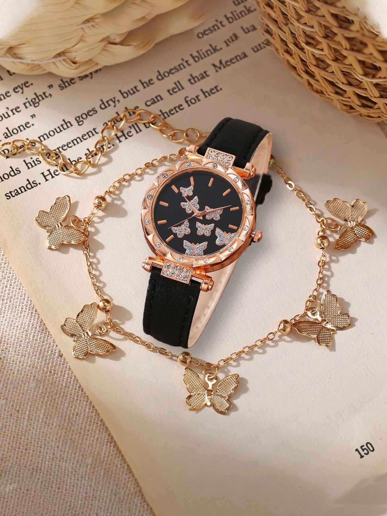 2-piece set of fashionable leather belt quartz watches for women, featuring a personalized butterfly design, suitable for students and ladies