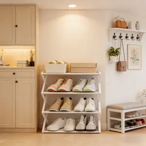 4 Layer Foldable Shoe Rack, Space Saving Storage Solution, X Frame Vintage Style, No Assembly Needed, for Porch, Closet, Kitchen