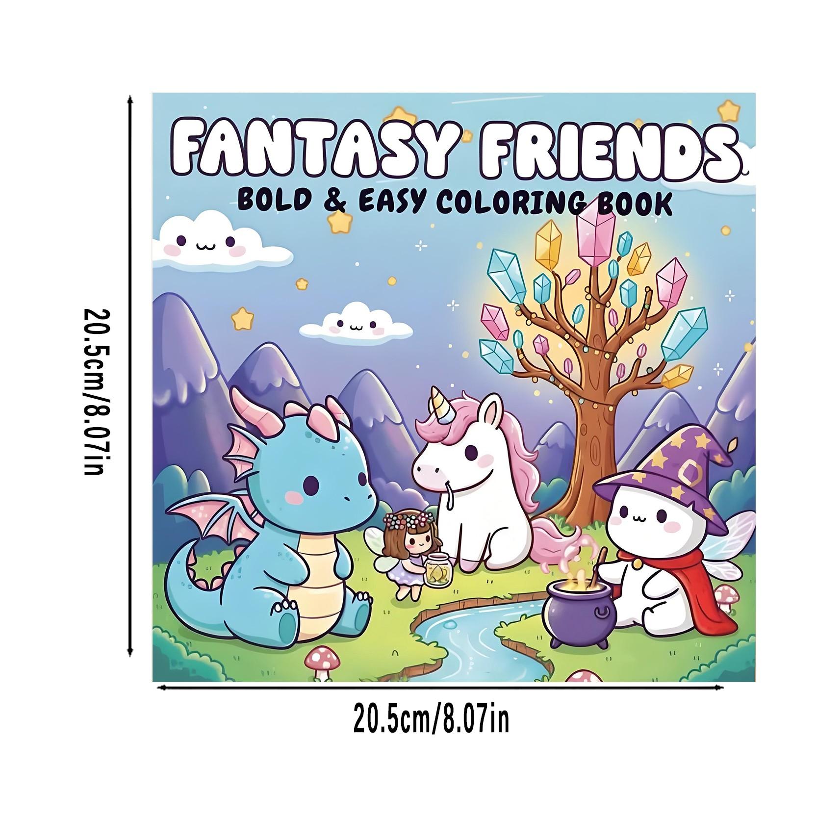 Fantasy Friends Bold & Easy Coloring Book for Kids & Adults - 22 Cute Kawaii Magical Creature Coloring Pages, 120gsm Thick No Bleed Paper, Non-Toxic Odorless, Glue Binding, Perfect for Stress Relief