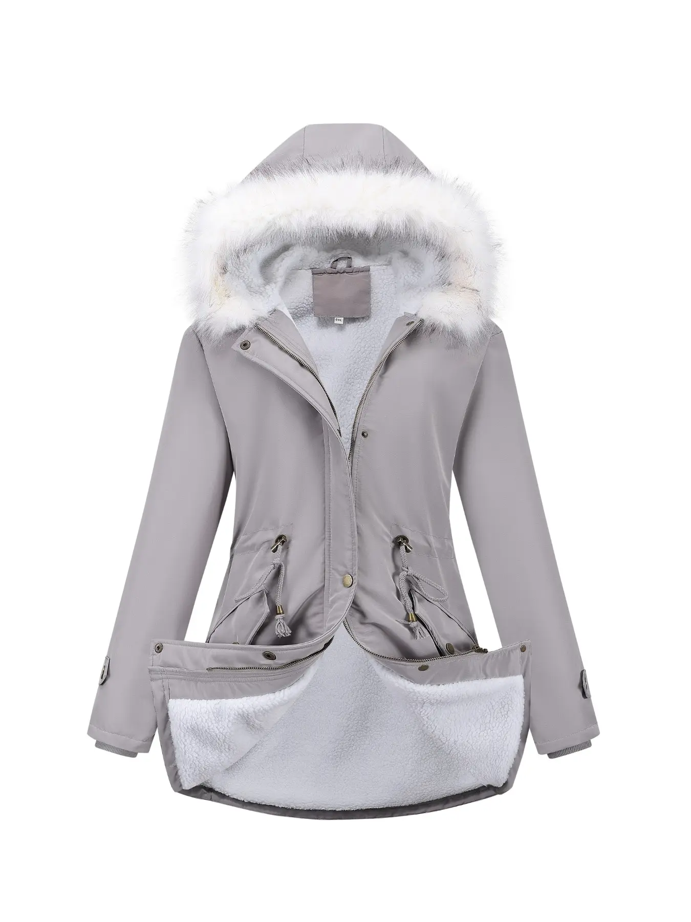Women's Plus Size Hooded Cotton Jacket, Detachable Fur Collar, Winter Warm Coat with Drawstring, Casual Fleece Lined Outerwear