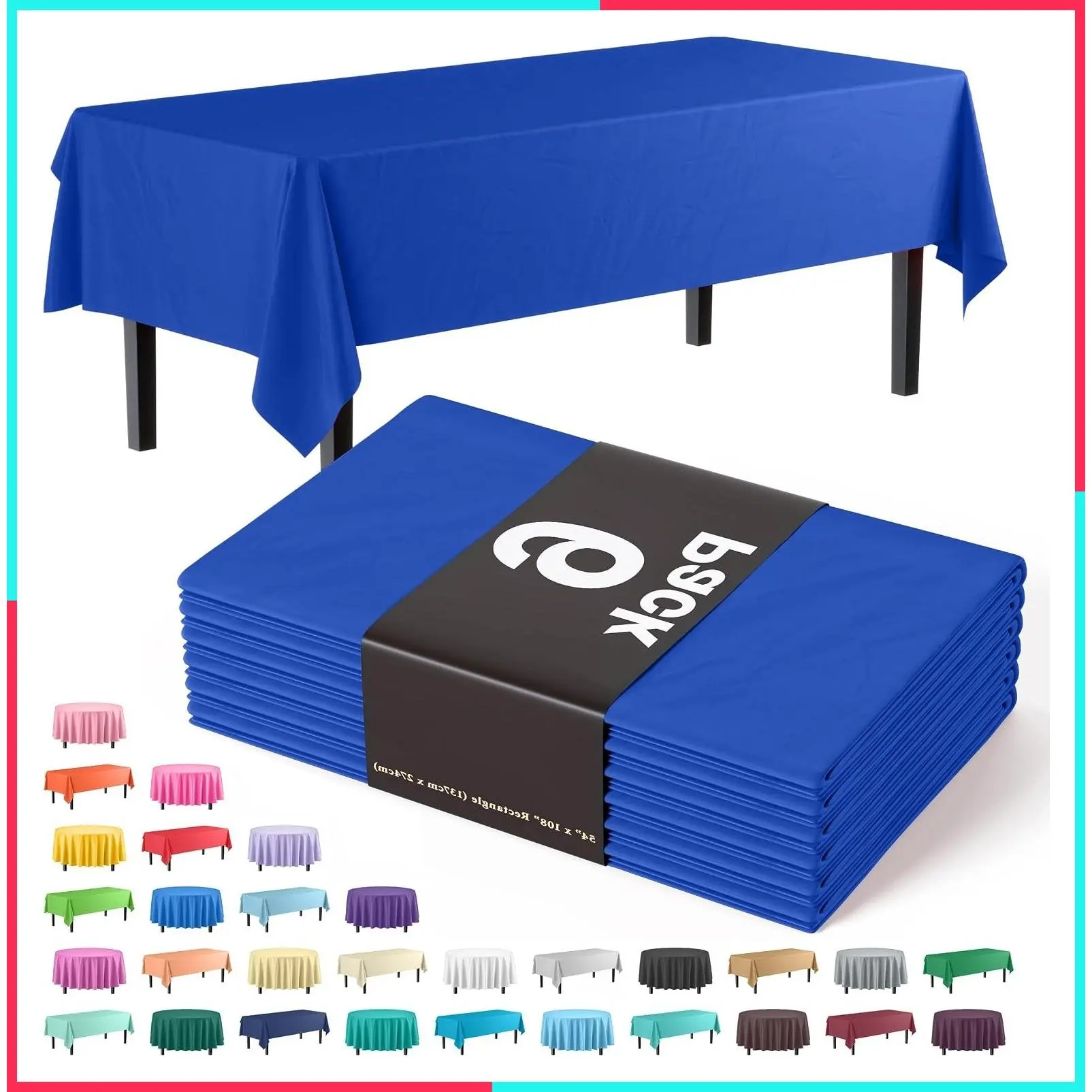 54 x 108 Inch Rectangle Disposable Plastic Tablecloth 6 Pack - Waterproof Table Cover for 6 Foot Tables, Party, Wedding, Birthday, Graduation, BBQ, Catering