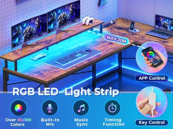 SEDETA 51-inch Corner Computer Desk with LED Lights, Storage Shelves,) Game Table Office Furniture Modern Design Keyboard Mouse Customizable