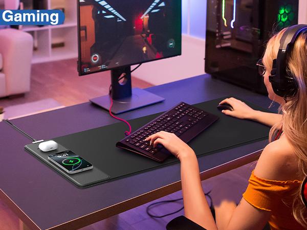 XXL Mouse Pad With Wireless Charging, 31.5"x15.8" Large Desk Mat for Laptop/Keyboard, Waterproof Smooth Surface, Non-Slip Base, Black office pc gaming mat 【Christmas】