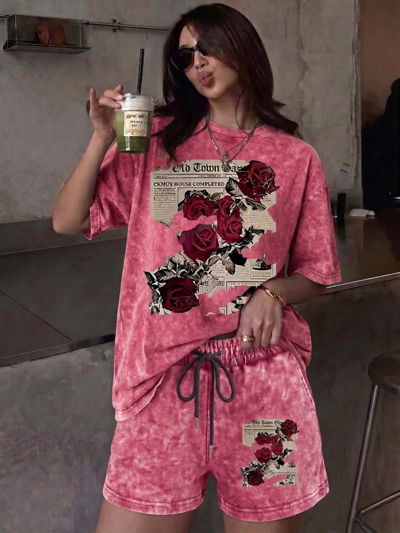A relaxed, casual two-piece set featuring a floral rose-print tie-dye design; includes a crew-neck, short-sleeve washed T-shirt and drawstring shorts with pockets—perfect for outdoor leisure Clothes