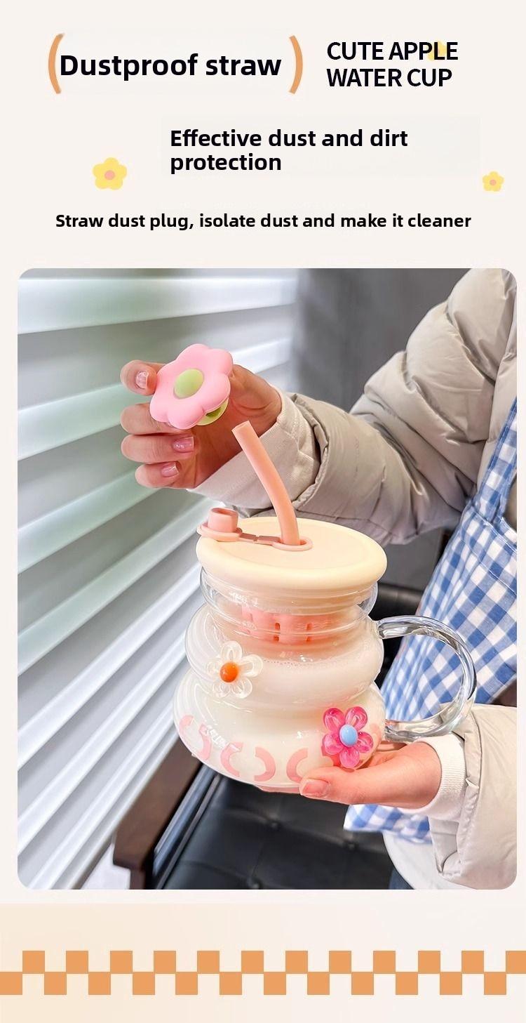 Cute Flower Glass Mug Cup with Flower Straw, Supports Straw Drinking and Direct Drinking, Meets Different Drinking Needs, Perfect for Everyday Use, Drinkware