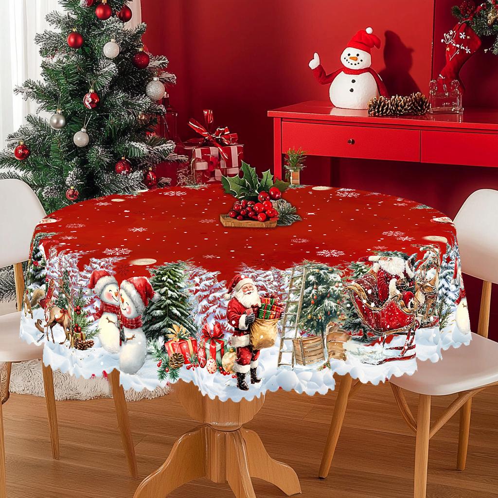 PLUMLIK Red Christmas Tablecloth with Santa Claus, Reindeer, Snowman Patterns, Christmas Decor 2025, Christmas Party Decoration for Indoor&Outdoor, Vintage Round Rectangular Table Cloth, Holiday Home kitchen Festive Decor, Christmas Gifts