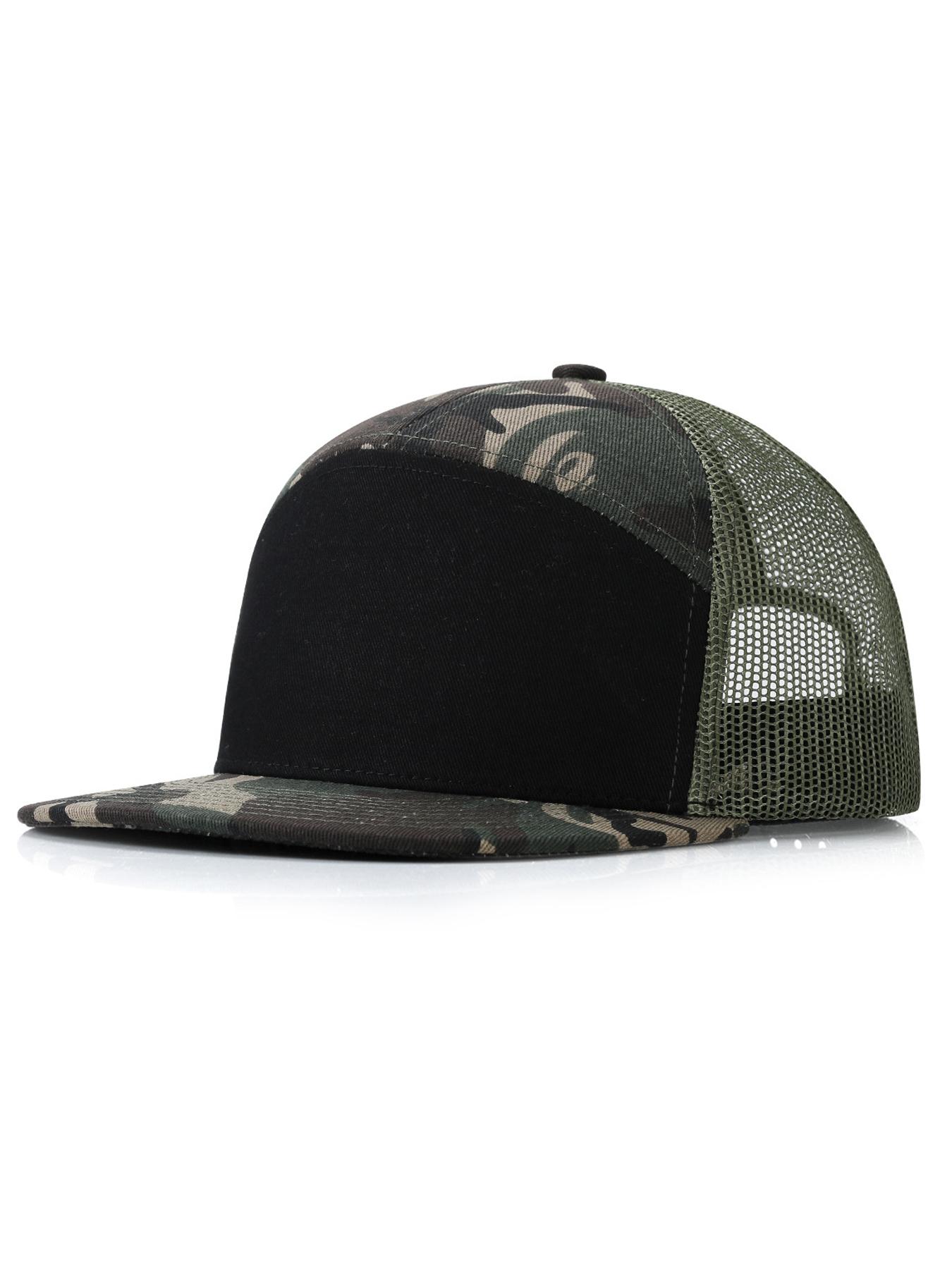Men's Caps - Flat Brim Mesh Panel Baseball Cap Adjustable Classic Trucker Style Hat - Snap Back Hats for Men Flat Brimmed Cap