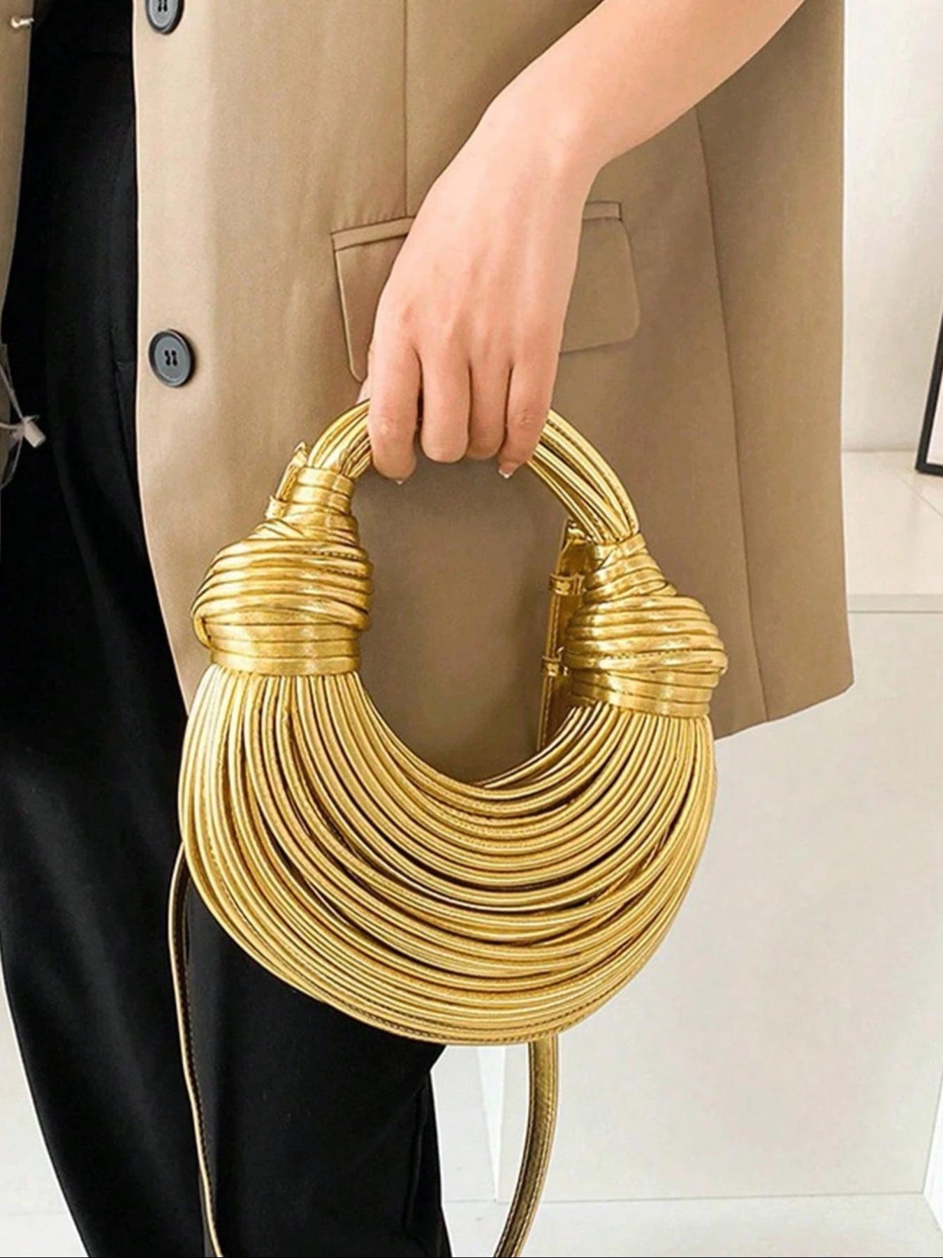 Fashion Gold Handmade Woven Bag Decoration Design Retro Heavy Shoulder Bag, Rope Knotted Pulled Noodle Bag, Ladies' Purse, Hobo Purse, Suitable For Shopping, Commuting To Work, Party Gathering.