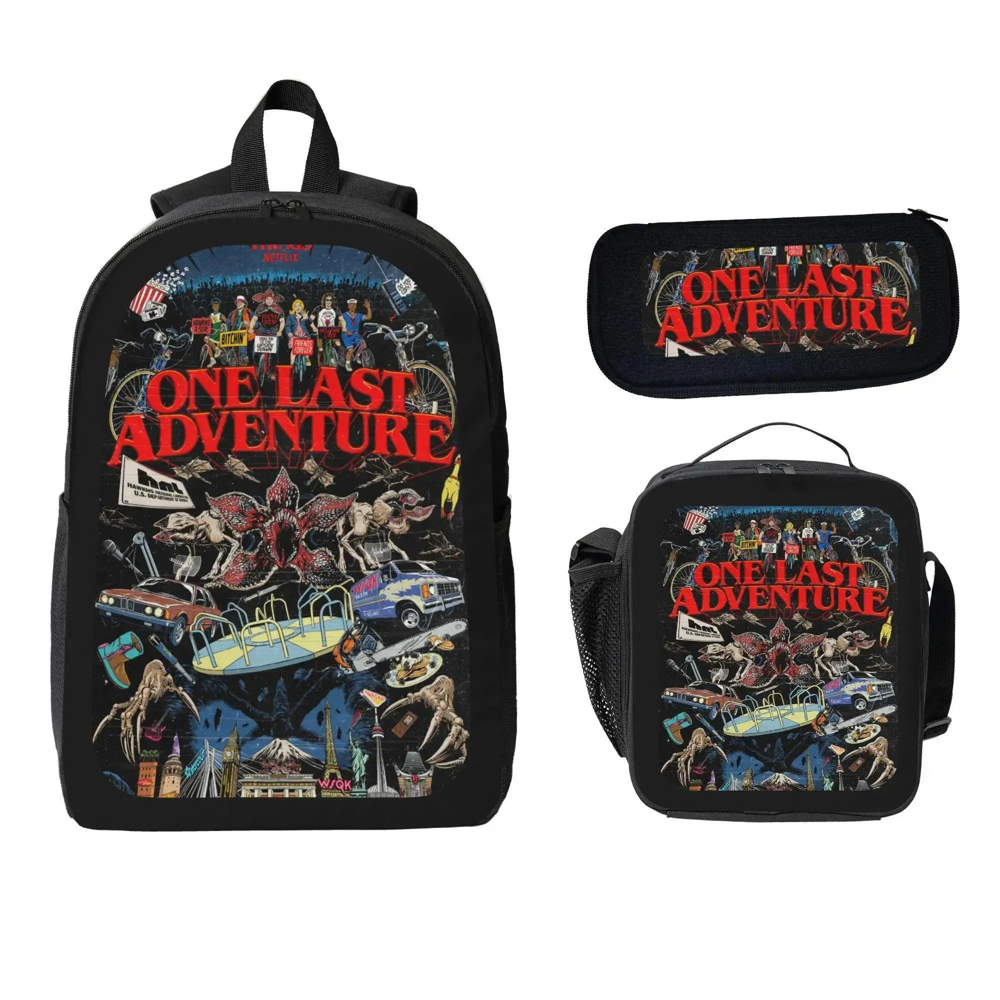 Unisex Stranger Things Backpack Set, 3-Piece Retro Sci-Fi Print Oxford School Pack with Lunch Bag and Pencil Case for Teens