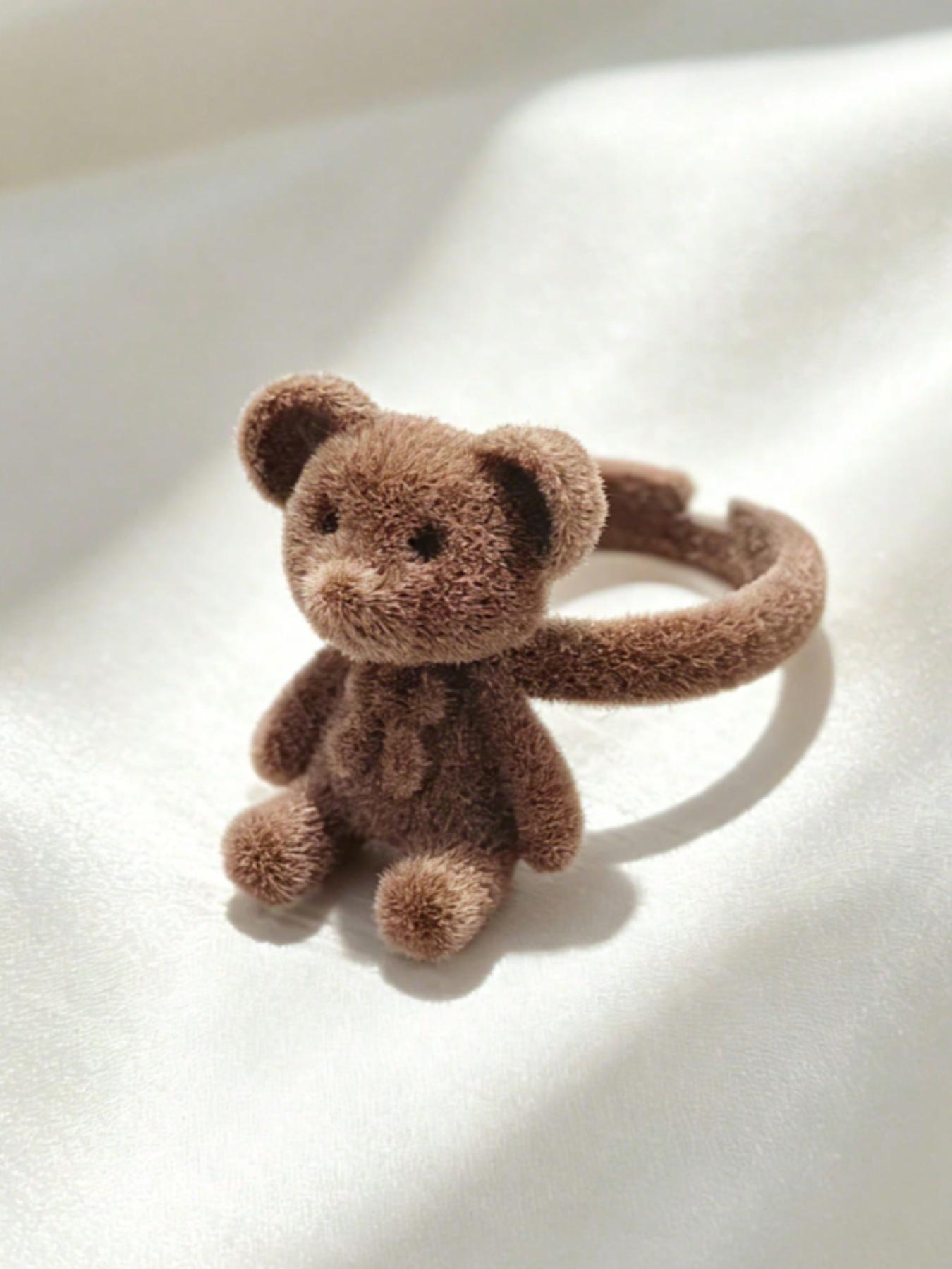 Cartoon Plush Bear Ring for Women, Adjustable Open Band, Cute Animal Pattern, Perfect Gift for Friends and Girlfriends, All Seasons