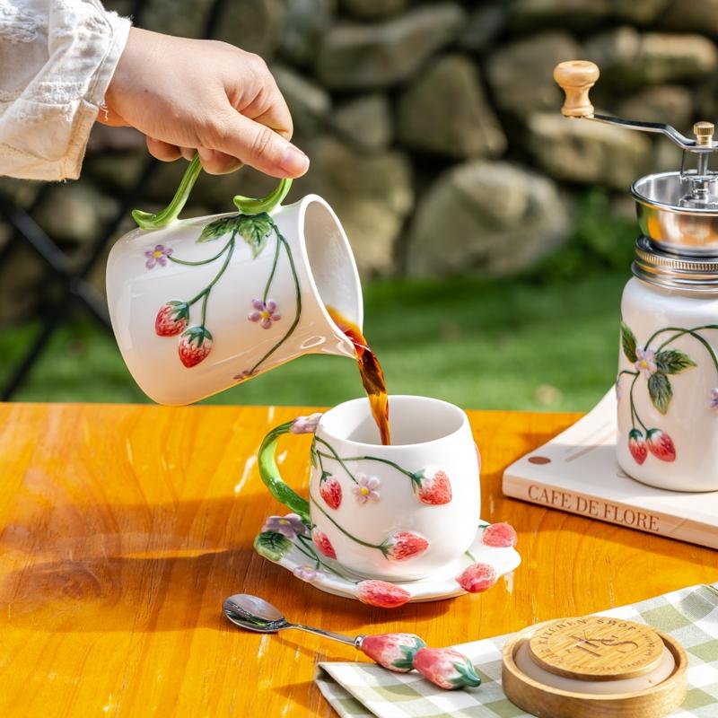 Strawberry Ceramic Hand-Crank Coffee Grinder Set, Home Manual Pour-Over Coffee Maker, Milk Jug, Cup & Saucer Series