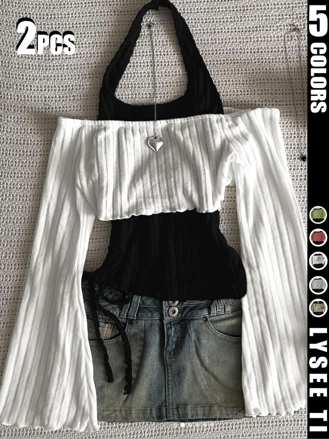 2PCS Fashion casual Fitted women's contrasting neck hanging solid color top two-piece set