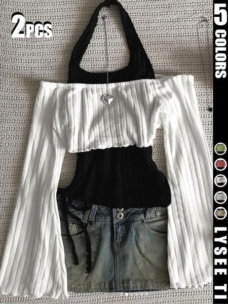 2PCS Fashion casual women's contrasting neck hanging solid color top two-piece set