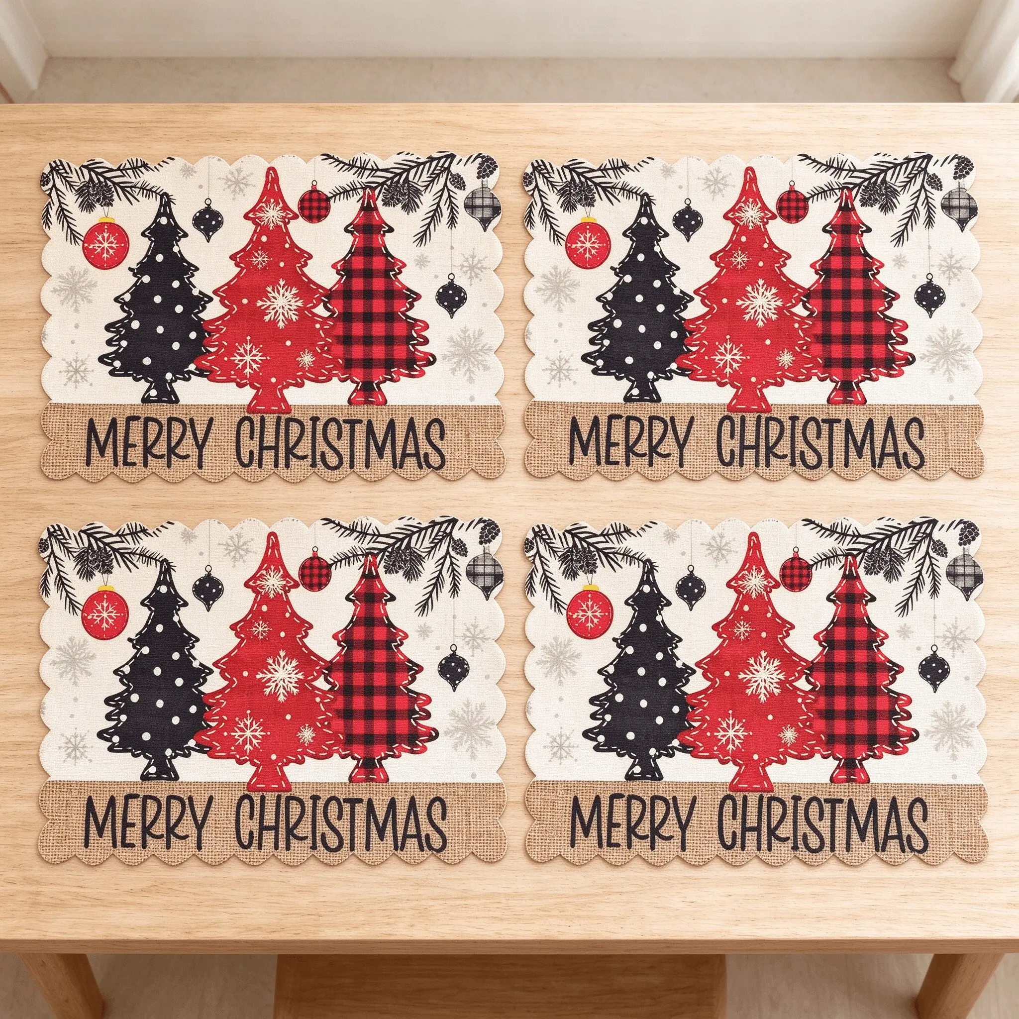 2/4 Piece Christmas Linen Placemats, Holiday Wave Edge Design, Multiple Tree Patterns, Heat Resistant Table Mats, Home Deco Foldable table mats christmas Fabric placemat Nutcracker kitchen matr