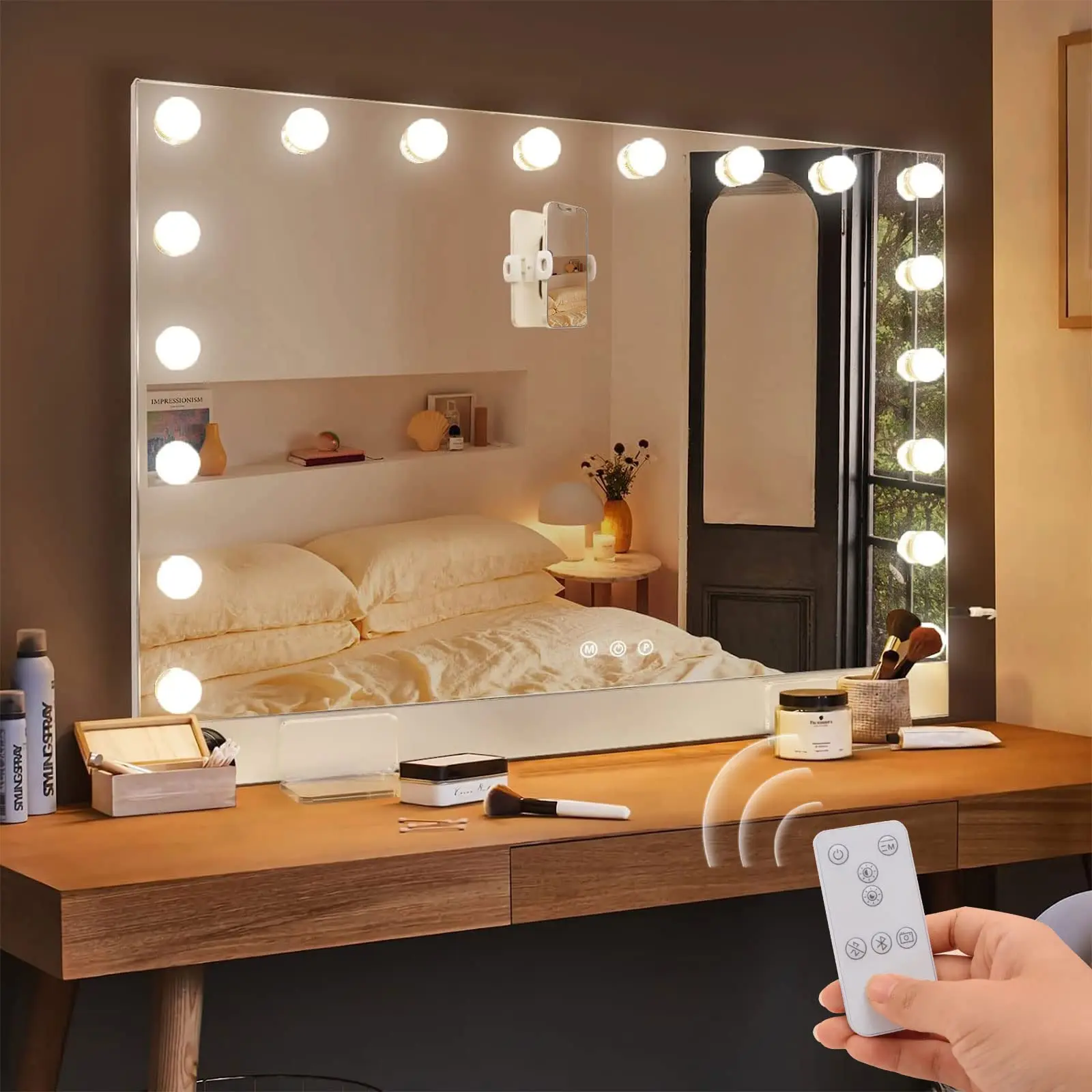 Nokaa 31.5x22.8 Inch Hollywood Vanity Mirror with Lights, 18 LED Bulbs, Dimmable, 3 Color Modes, Smart Touch & Remote Control, 10X Magnification, Ultrathin Aluminum Frame, Tabletop & Wall Mount, White+Silver