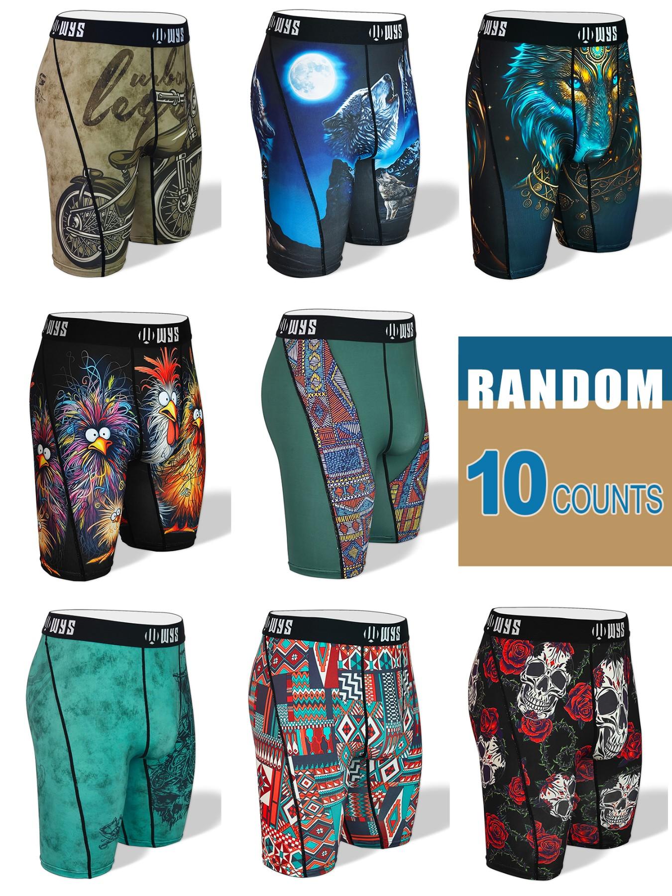 RANDOM 10PCS,Men's Long Athletic Stretchy Casual Boxer Briefs Set, Moisture-Wicking, Anti-Chafing, Quick-Dry, Halloween Skull Wolf Motorcycle Design Print, Comfortable Fit